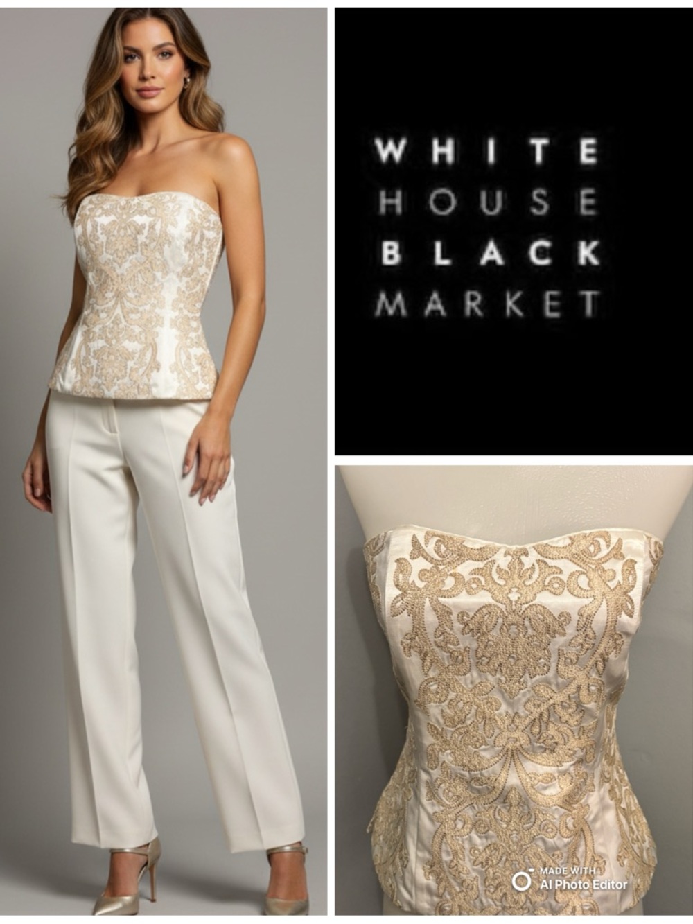 White House Black Market Cream and Gold Strapless Brocade Camisole